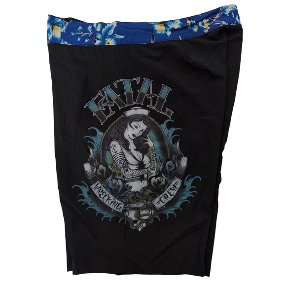 Fatal Wrecking Crew Tattooed Sailer Girl w/ Roses Board Shorts Black Blue Siz 36 - Picture 1 of 9